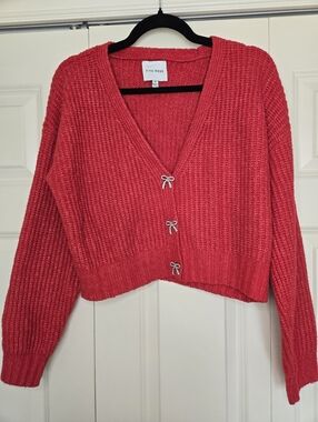 Pink Rose Red Cropped Cardigan Bow Button Knit Sweater Size M
